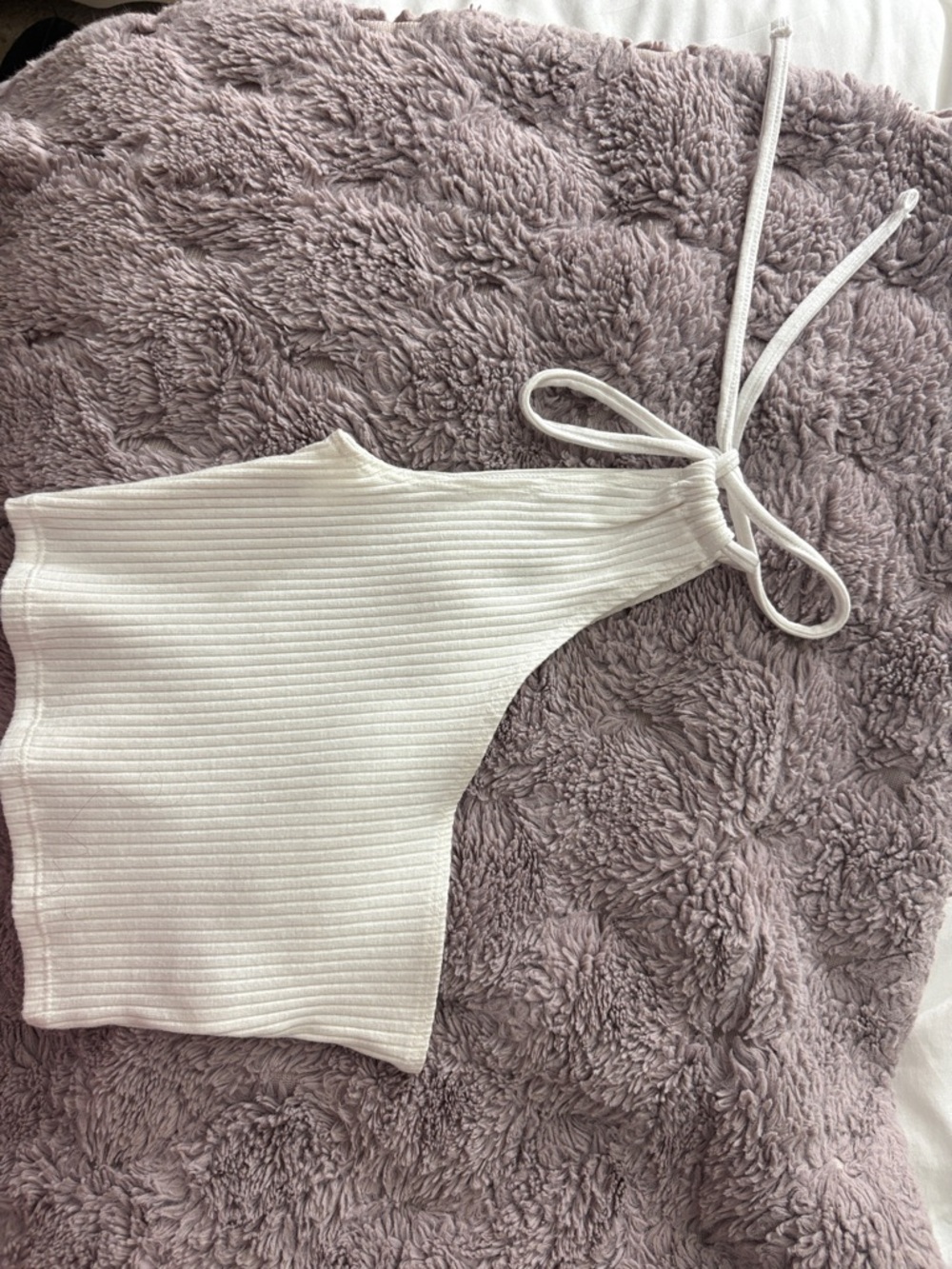 aerie White Ribbed One-Shoulder Halter Crop Top